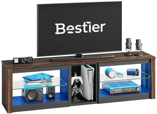 Alt view image 7 of 7 - Bestier TV Stand for 70 inch TV, Gaming Entertainment Center for PS5, LED TV Cabinet with Glass Shelves for Living Room, 63 Inch, Walnut