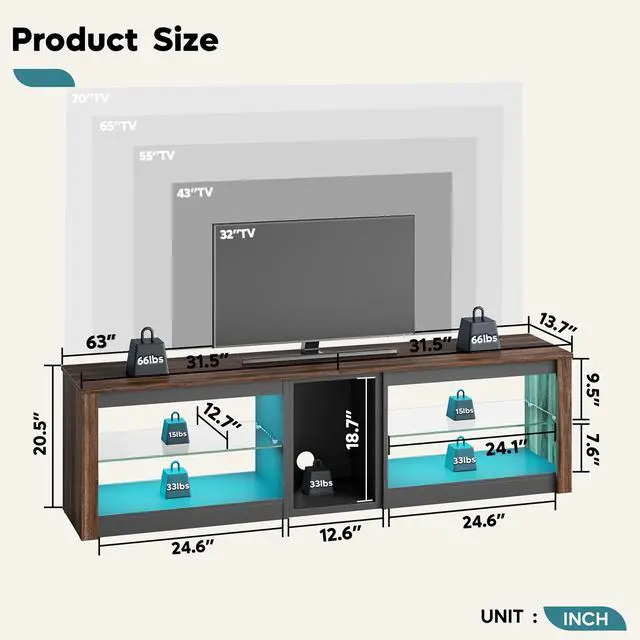 Alt view image 2 of 7 - Bestier TV Stand for 70 inch TV, Gaming Entertainment Center for PS5, LED TV Cabinet with Glass Shelves for Living Room, 63 Inch, Walnut