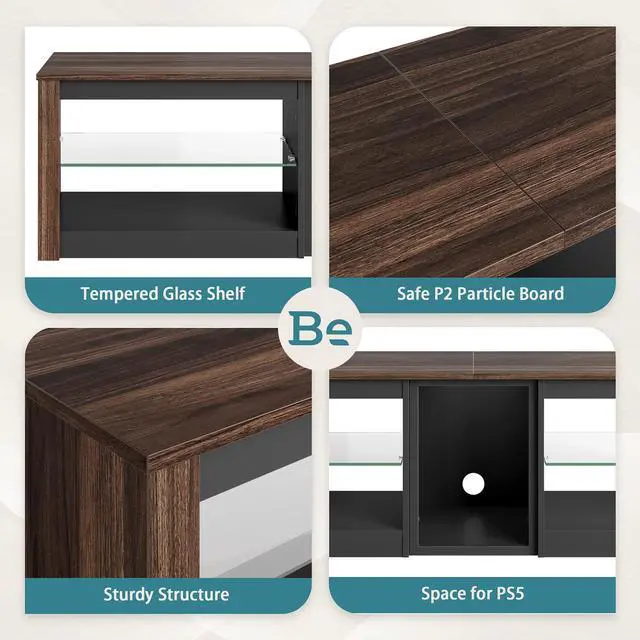 Alt view image 6 of 7 - Bestier TV Stand for 70 inch TV, Gaming Entertainment Center for PS5, LED TV Cabinet with Glass Shelves for Living Room, 63 Inch, Walnut