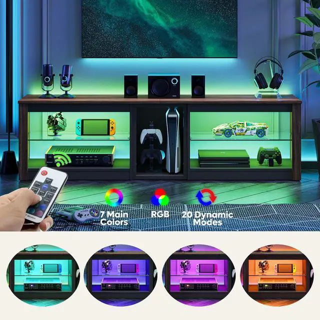 Alt view image 5 of 7 - Bestier TV Stand for 70 inch TV, Gaming Entertainment Center for PS5, LED TV Cabinet with Glass Shelves for Living Room, 63 Inch, Walnut