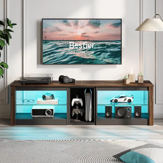 Alt view image 3 of 7 - Bestier TV Stand for 70 inch TV, Gaming Entertainment Center for PS5, LED TV Cabinet with Glass Shelves for Living Room, 63 Inch, Walnut