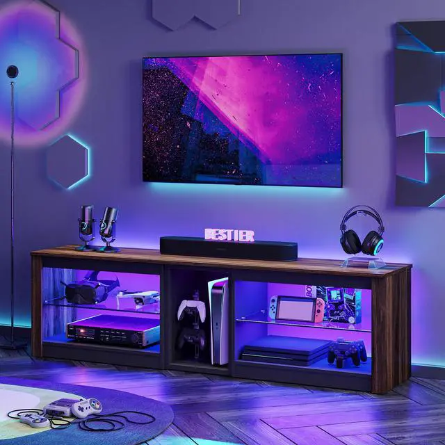 Alt view image 4 of 7 - Bestier TV Stand for 70 inch TV, Gaming Entertainment Center for PS5, LED TV Cabinet with Glass Shelves for Living Room, 63 Inch, Walnut