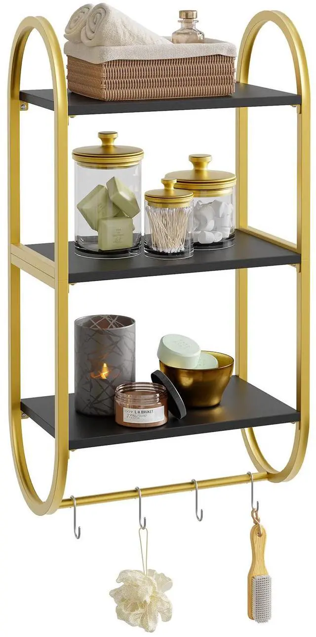 Main image of Bestier Floating Shelves for Wall, 3 Tier Wall Shelves for Bathroom with Towel Bar and Hooks, Bathroom Shelves Over Toilet, Classic Black