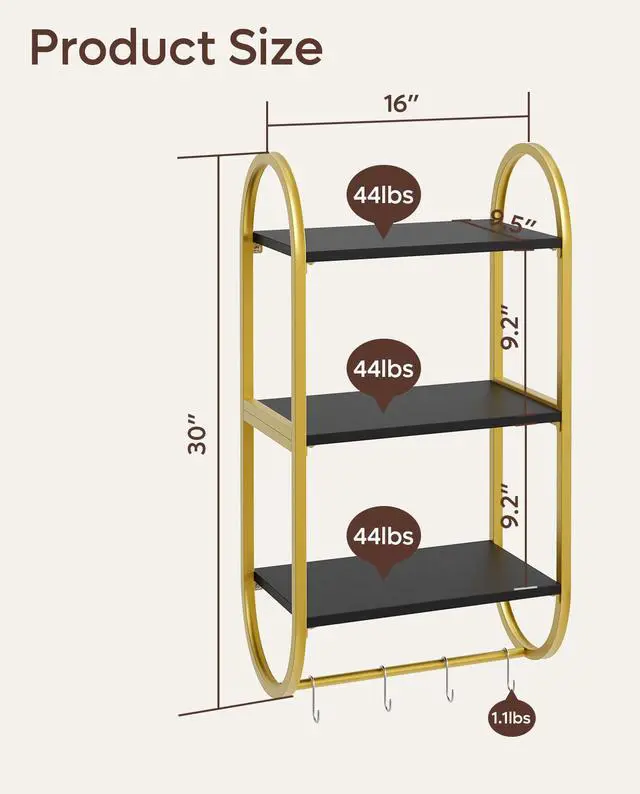 Alt view image 2 of 7 - Bestier Floating Shelves for Wall, 3 Tier Wall Shelves for Bathroom with Towel Bar and Hooks, Bathroom Shelves Over Toilet, Classic Black