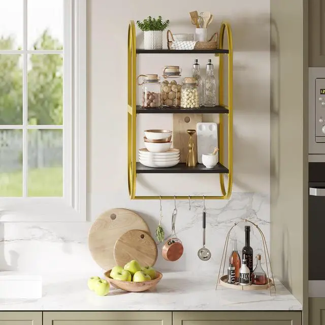 Alt view image 3 of 7 - Bestier Floating Shelves for Wall, 3 Tier Wall Shelves for Bathroom with Towel Bar and Hooks, Bathroom Shelves Over Toilet, Classic Black