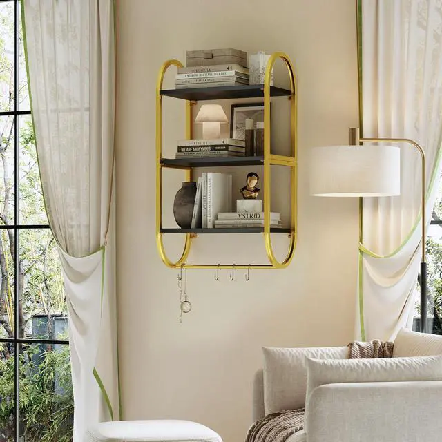 Alt view image 4 of 7 - Bestier Floating Shelves for Wall, 3 Tier Wall Shelves for Bathroom with Towel Bar and Hooks, Bathroom Shelves Over Toilet, Classic Black