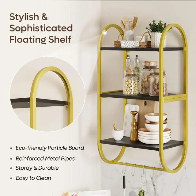 Alt view image 5 of 7 - Bestier Floating Shelves for Wall, 3 Tier Wall Shelves for Bathroom with Towel Bar and Hooks, Bathroom Shelves Over Toilet, Classic Black