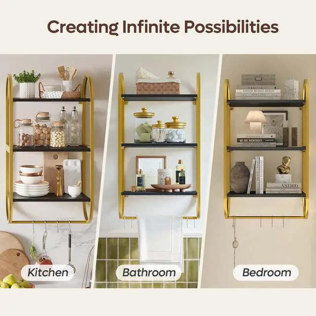 Alt view image 7 of 7 - Bestier Floating Shelves for Wall, 3 Tier Wall Shelves for Bathroom with Towel Bar and Hooks, Bathroom Shelves Over Toilet, Classic Black