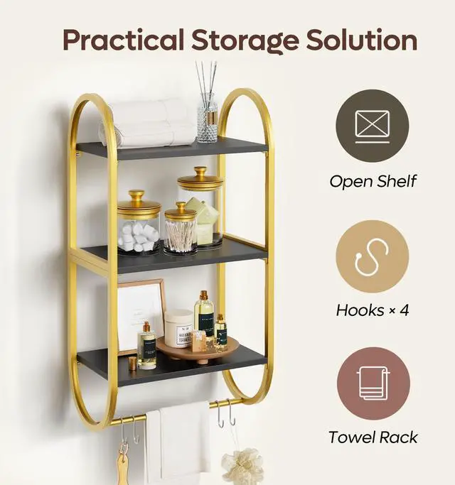 Alt view image 6 of 7 - Bestier Floating Shelves for Wall, 3 Tier Wall Shelves for Bathroom with Towel Bar and Hooks, Bathroom Shelves Over Toilet, Classic Black