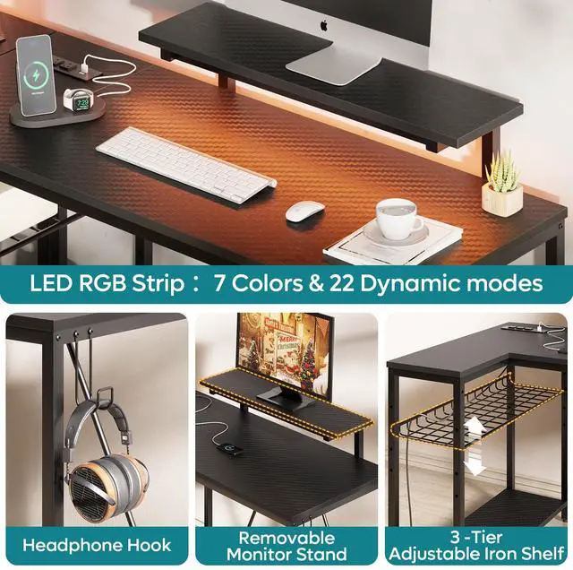 Alt view image 6 of 7 - Bestier 48" L-Shaped Gaming Desk with LED Lights, Power Outlets, and Monitor Stand Carbon Fiber Black