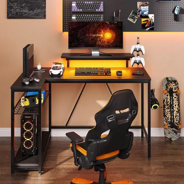 Alt view image 2 of 7 - Bestier 48" L-Shaped Gaming Desk with LED Lights, Power Outlets, and Monitor Stand Carbon Fiber Black