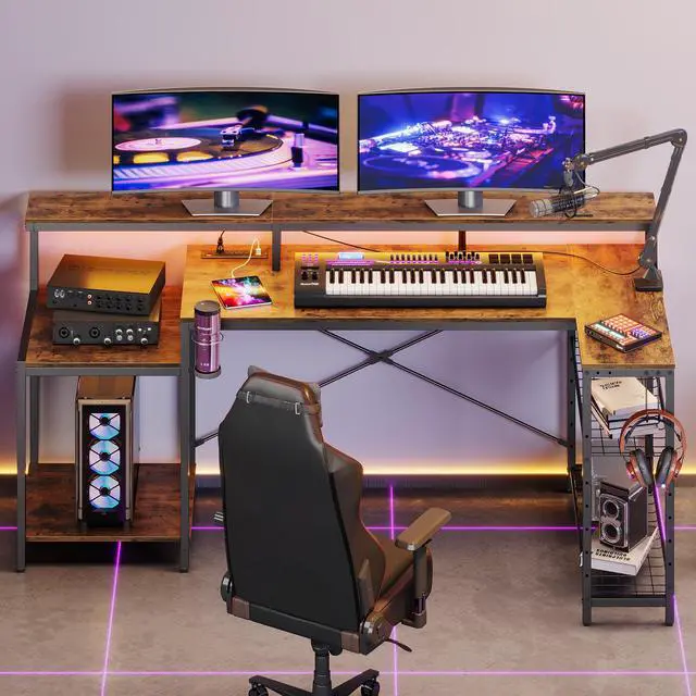 Alt view image 2 of 7 - Bestier 71.5 Dual Monitor Gaming Desk with LED Lights, Power Outlets & Ergonomic Stand, L-Shaped Corner Desk for Office or Gaming Room, Brown
