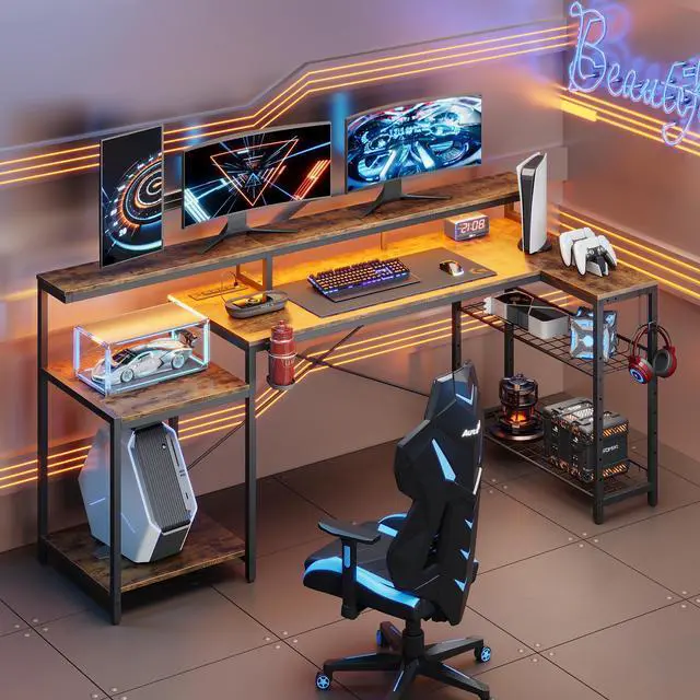 Main image of Bestier 71.5 Dual Monitor Gaming Desk with LED Lights, Power Outlets & Ergonomic Stand, L-Shaped Corner Desk for Office or Gaming Room, Brown