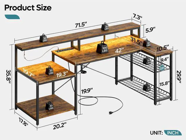 Alt view image 7 of 7 - Bestier 71.5 Dual Monitor Gaming Desk with LED Lights, Power Outlets & Ergonomic Stand, L-Shaped Corner Desk for Office or Gaming Room, Brown