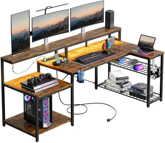 Alt view image 6 of 7 - Bestier 71.5 Dual Monitor Gaming Desk with LED Lights, Power Outlets & Ergonomic Stand, L-Shaped Corner Desk for Office or Gaming Room, Brown