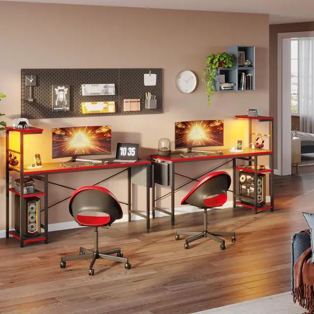 Alt view image 4 of 7 - Bestier 61.3 Inch Gaming Desk, 4 Tier Shelf Computer Desk with USB Socket, LED Lighting, Side Storage Bag and Accessories Hanger for Gaming and Working, Carbon Fiber Black/Red