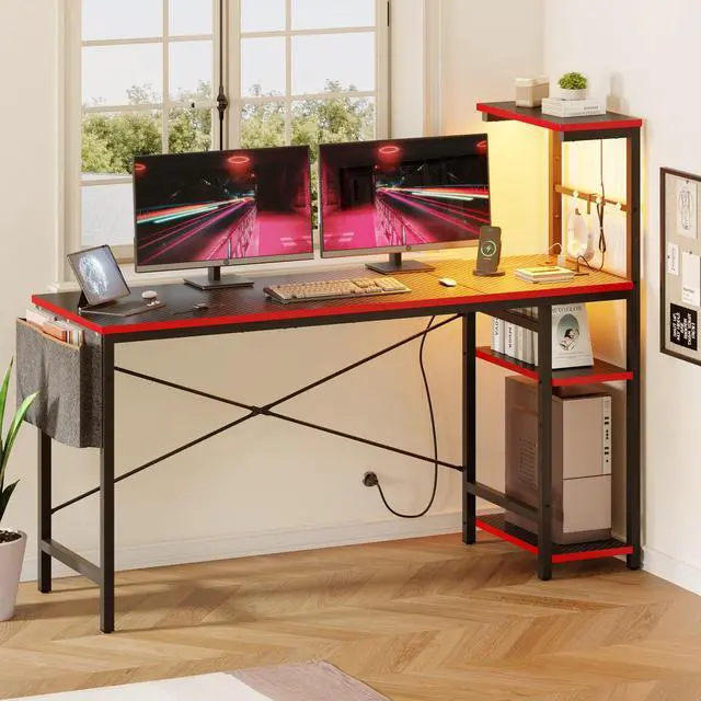 Alt view image 3 of 7 - Bestier 61.3 Inch Gaming Desk, 4 Tier Shelf Computer Desk with USB Socket, LED Lighting, Side Storage Bag and Accessories Hanger for Gaming and Working, Carbon Fiber Black/Red