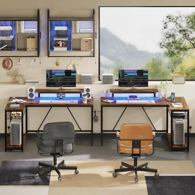 Alt view image 4 of 7 - Bestier 52" Gaming Desk with Power Outlet & USB Ports, Reversible Small L Shaped Computer Desk with LED Strip & Headset Hooks for Home Office, Rustic Brown