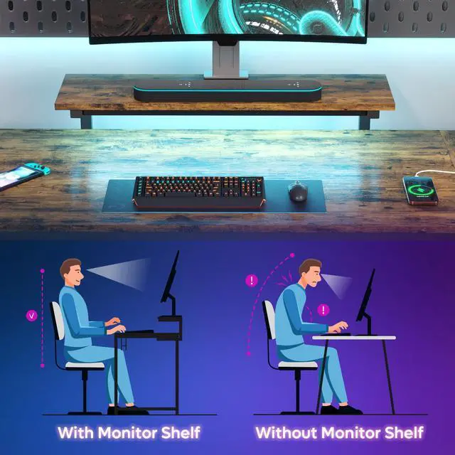 Alt view image 5 of 7 - Bestier 52" Gaming Desk with Power Outlet & USB Ports, Reversible Small L Shaped Computer Desk with LED Strip & Headset Hooks for Home Office, Rustic Brown