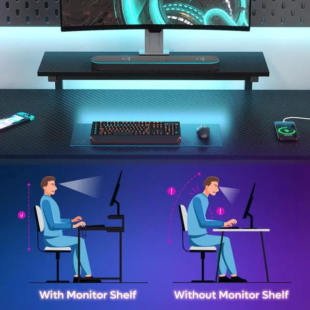 Alt view image 4 of 7 - Bestier 58" Ergonomic L Shaped Gaming Desk with Monitor Stand, Power Outlet & USB Ports, Reversible Corner Computer Desk with LED Lights, Headphone Hooks & Storage Shelves, Carbon Fiber Black