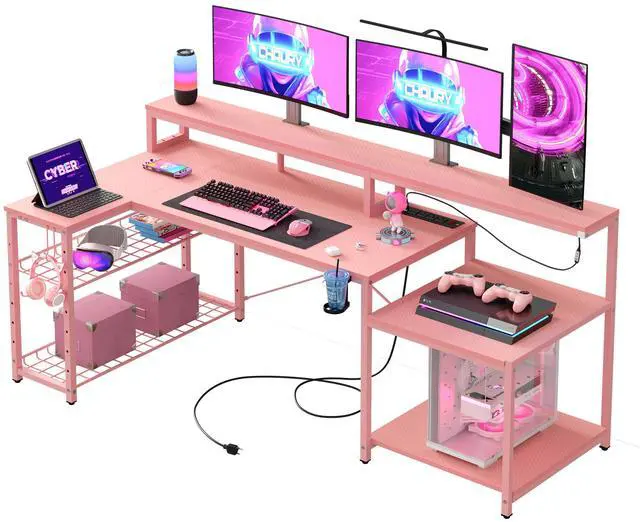 Alt view image 6 of 7 - Bestier L Shape Gaming Desk with Power Outlets, 71inch Computer Desk with LED Light Strip, Monitor Stand, Multi-Functional Storage and Filing Cabinet for Home Office Pink
