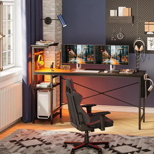 Alt view image 2 of 7 - Bestier 61.3 Gaming Desk with LED Lights, 4-Tier Shelf Computer Desk with Side Storage Bag & Headphone Hook, Black Home Office Workstation