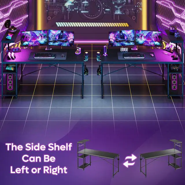 Alt view image 6 of 7 - Bestier 61" Rectangular Gaming Desk with RGB LED Light, Computer Desk with Adjustable Storage Shelves, Headphone Hook, Cup holder and Magnets, Easy Assembly(Black)