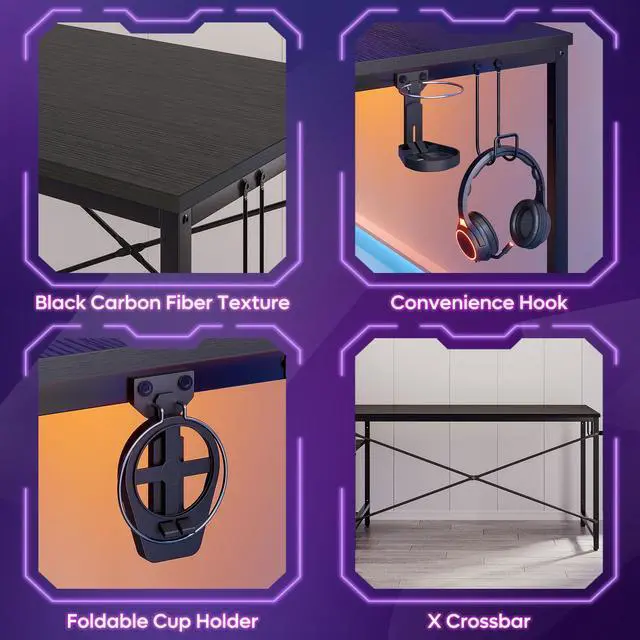 Alt view image 5 of 7 - Bestier 61" Rectangular Gaming Desk with RGB LED Light, Computer Desk with Adjustable Storage Shelves, Headphone Hook, Cup holder and Magnets, Easy Assembly(Black)
