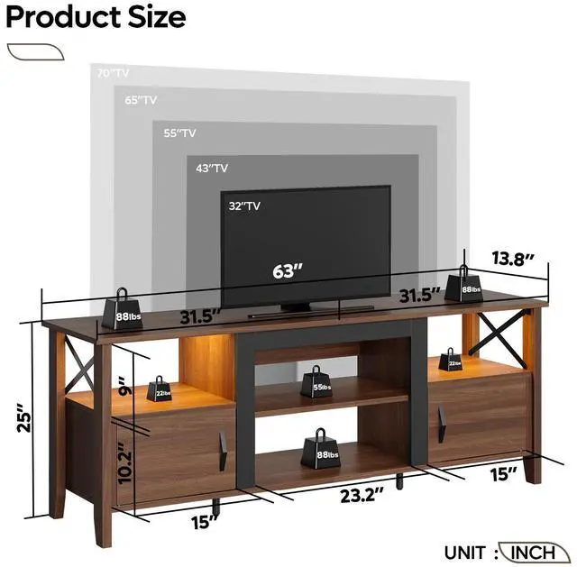 Alt view image 7 of 7 - Bestier Farmhouse TV Stand for 70 inch TV, Gaming Entertainment Center with LED Lights, TV Console with 2 Storage Cabinets and Shelf for Living Room, 63'' Inch, Ancona Walnut