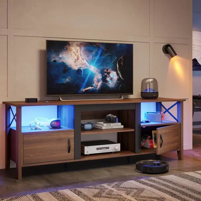 Alt view image 2 of 7 - Bestier Farmhouse TV Stand for 70 inch TV, Gaming Entertainment Center with LED Lights, TV Console with 2 Storage Cabinets and Shelf for Living Room, 63'' Inch, Ancona Walnut