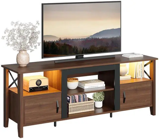 Alt view image 6 of 7 - Bestier Farmhouse TV Stand for 70 inch TV, Gaming Entertainment Center with LED Lights, TV Console with 2 Storage Cabinets and Shelf for Living Room, 63'' Inch, Ancona Walnut