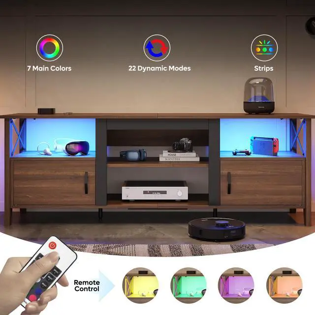Alt view image 4 of 7 - Bestier Farmhouse TV Stand for 70 inch TV, Gaming Entertainment Center with LED Lights, TV Console with 2 Storage Cabinets and Shelf for Living Room, 63'' Inch, Ancona Walnut