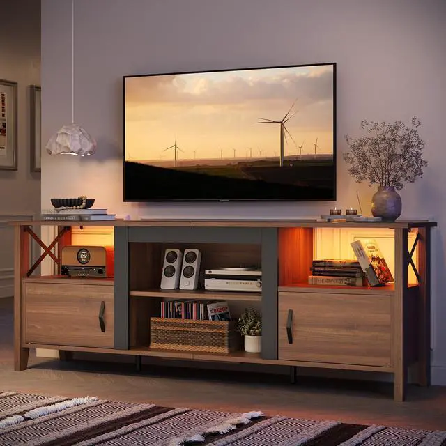 Alt view image 3 of 7 - Bestier Farmhouse TV Stand for 70 inch TV, Gaming Entertainment Center with LED Lights, TV Console with 2 Storage Cabinets and Shelf for Living Room, 63'' Inch, Ancona Walnut