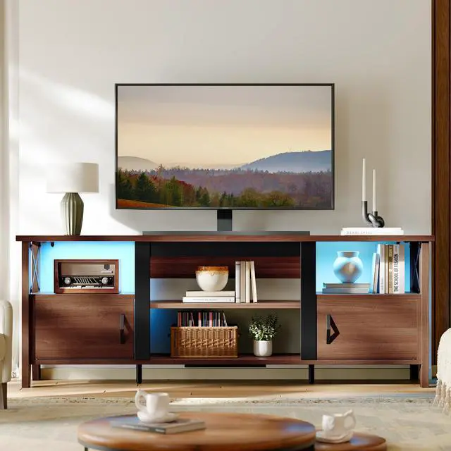 Main image of Bestier Farmhouse TV Stand for 70 inch TV, Gaming Entertainment Center with LED Lights, TV Console with 2 Storage Cabinets and Shelf for Living Room, 63'' Inch, Ancona Walnut