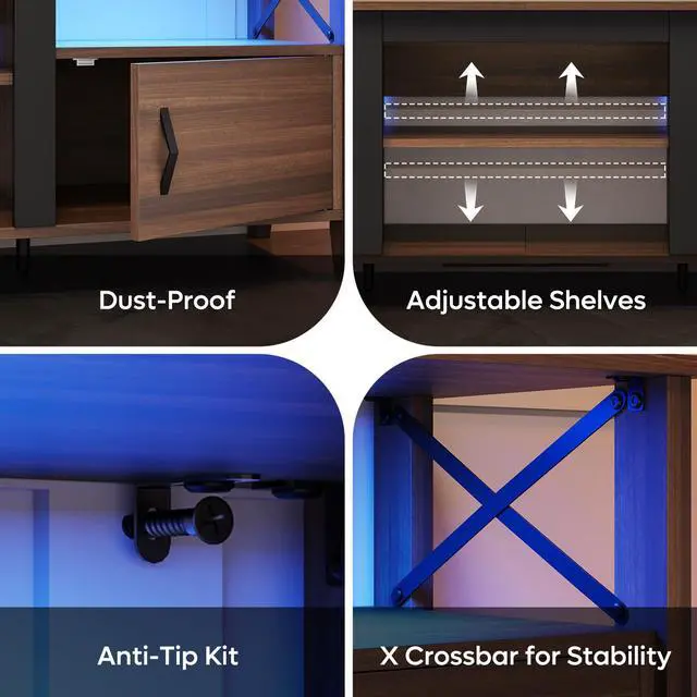Alt view image 5 of 7 - Bestier Farmhouse TV Stand for 70 inch TV, Gaming Entertainment Center with LED Lights, TV Console with 2 Storage Cabinets and Shelf for Living Room, 63'' Inch, Ancona Walnut