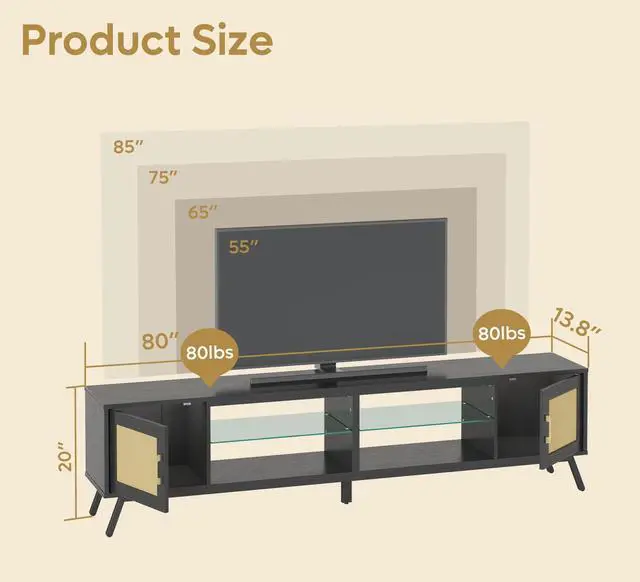 Alt view image 7 of 7 - Bestier 80 Inch Black Rattan TV Stand with Storage for 85 Inch TV, 4-in-1 Mid Century Modern Entertainment Center with LED Lights, Doors and Adjustable Glass Shelves for Living Room