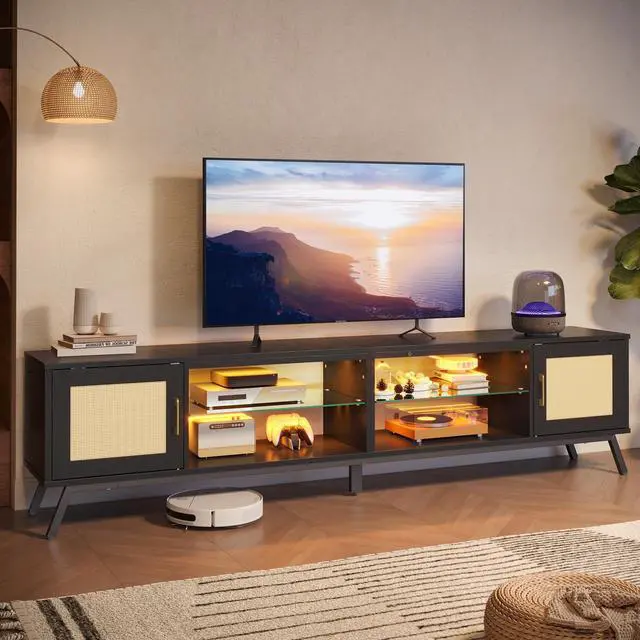 Alt view image 2 of 7 - Bestier 80 Inch Black Rattan TV Stand with Storage for 85 Inch TV, 4-in-1 Mid Century Modern Entertainment Center with LED Lights, Doors and Adjustable Glass Shelves for Living Room