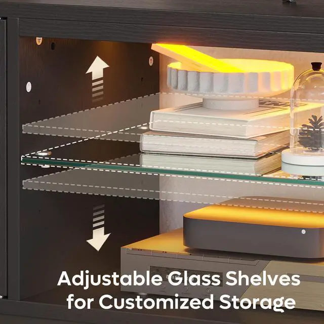 Alt view image 3 of 7 - Bestier 80 Inch Black Rattan TV Stand with Storage for 85 Inch TV, 4-in-1 Mid Century Modern Entertainment Center with LED Lights, Doors and Adjustable Glass Shelves for Living Room