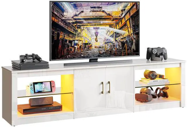 Alt view image 6 of 7 - Bestier 70" LED TV Stand for 75" TV Large Entertainment Center Modern Gaming TV Console Table with Storage Glass Shelves Two Cabinets for Living Room, Bright White