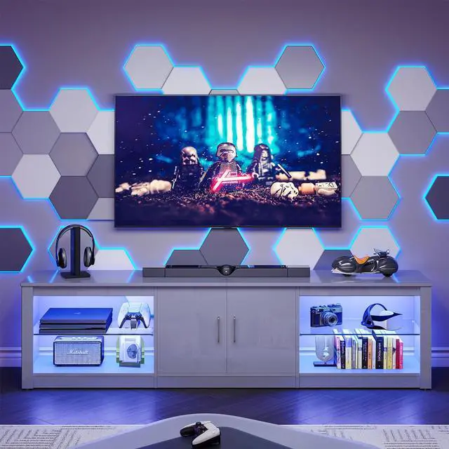 Alt view image 3 of 7 - Bestier 70" LED TV Stand for 75" TV Large Entertainment Center Modern Gaming TV Console Table with Storage Glass Shelves Two Cabinets for Living Room, Bright White
