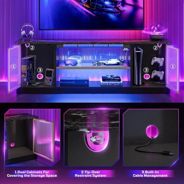 Alt view image 5 of 7 - Bestier Gaming TV Stand with Music Sync Light, Flow Vibe Entertainment Center with Storage for PS5 Xbox, RGB LED Party Modes Television Stands for 50/55/60/65 inch TV (Black Marble, 57 inch)