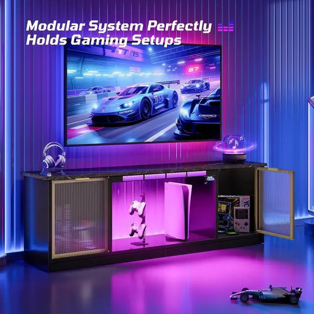 Alt view image 2 of 7 - Bestier Gaming TV Stand with Music Sync Light, Flow Vibe Entertainment Center with Storage for PS5 Xbox, RGB LED Party Modes Television Stands for 50/55/60/65 inch TV (Black Marble, 57 inch)