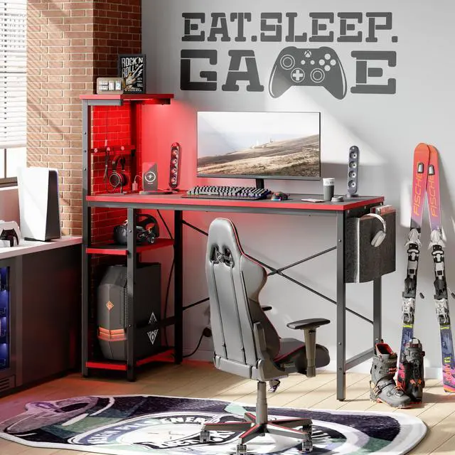 Alt view image 2 of 7 - Bestier Gaming Desk with Power Outlets, 44 Inch Led Gamer Desk with 4 Tiers Reversible Shelves, PC Gaming Table with Headset Hook & Side Storage Bag for Bedroom (Black 3D Carbon Fiber)