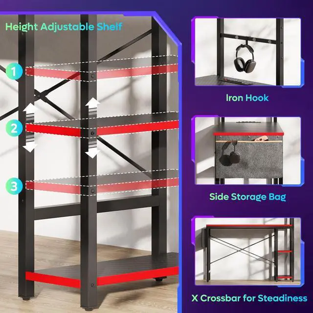 Alt view image 5 of 7 - Bestier Gaming Desk with Power Outlets, 44 Inch Led Gamer Desk with 4 Tiers Reversible Shelves, PC Gaming Table with Headset Hook & Side Storage Bag for Bedroom (Black 3D Carbon Fiber)