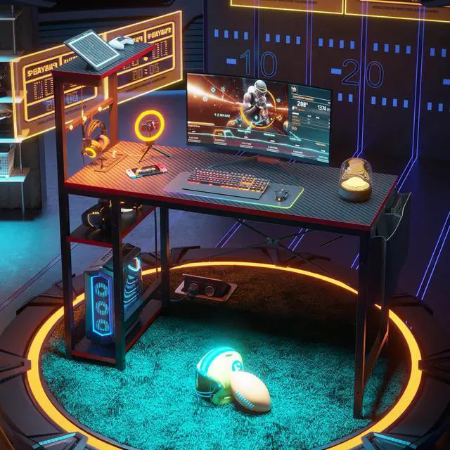 Alt view image 3 of 7 - Bestier Gaming Desk with Power Outlets, 44 Inch Led Gamer Desk with 4 Tiers Reversible Shelves, PC Gaming Table with Headset Hook & Side Storage Bag for Bedroom (Black 3D Carbon Fiber)