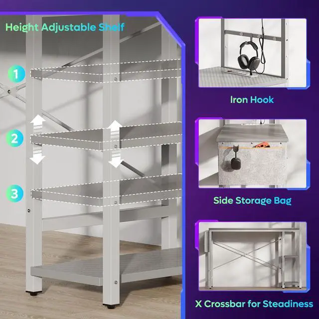 Alt view image 5 of 7 - Bestier Gaming Desk with Shelves, 44 Inch Large PC Gaming Table with LED Lights, Led Gamer Desk with 4 Tiers Reversible Storage Shelves for Game & Bedroom Room, Grey 3D Carbon Fiber