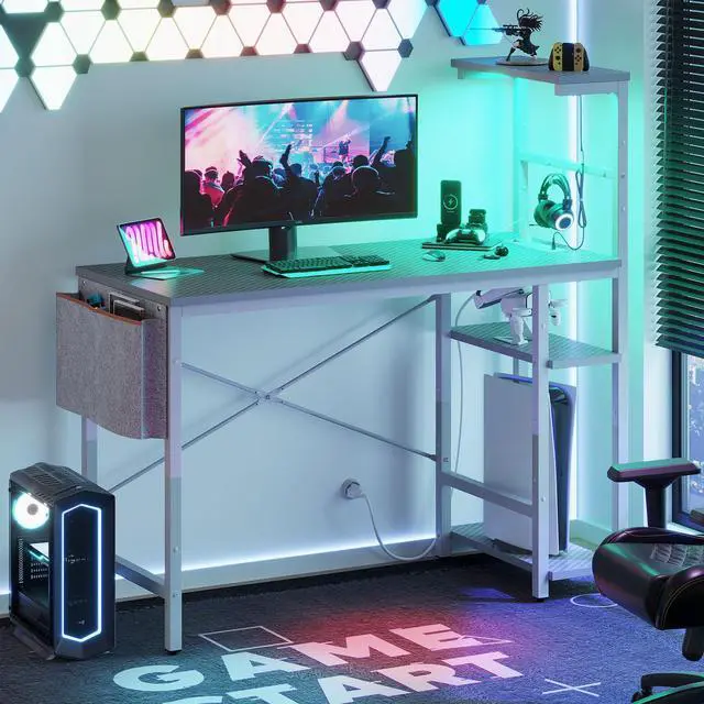 Alt view image 7 of 7 - Bestier Gaming Desk with Shelves, 44 Inch Large PC Gaming Table with LED Lights, Led Gamer Desk with 4 Tiers Reversible Storage Shelves for Game & Bedroom Room, Grey 3D Carbon Fiber