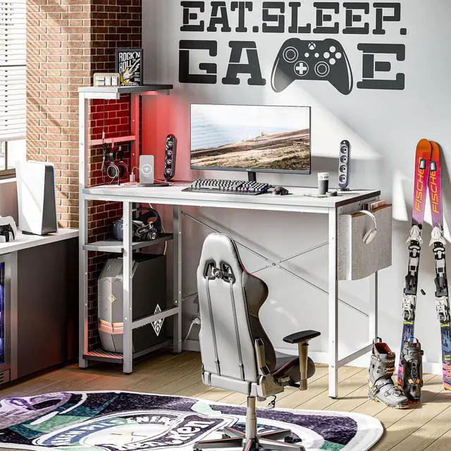 Alt view image 3 of 7 - Bestier Gaming Desk with Shelves, 44 Inch Large PC Gaming Table with LED Lights, Led Gamer Desk with 4 Tiers Reversible Storage Shelves for Game & Bedroom Room, Grey 3D Carbon Fiber