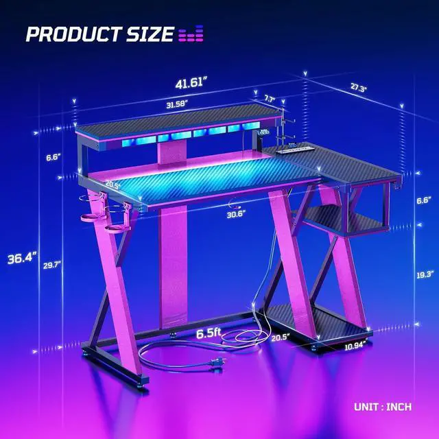 Alt view image 7 of 7 - Bestier 41.6 L Shaped Gaming Desk with LED Monitor Stand and Power Outlet, Headphone Hooks and Cup Holder, Purple Galaxy