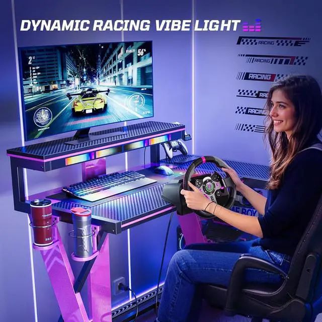 Alt view image 2 of 7 - Bestier 41.6 L Shaped Gaming Desk with LED Monitor Stand and Power Outlet, Headphone Hooks and Cup Holder, Purple Galaxy